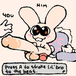 :3 ambiguous_gender animated_gif anthro balls beady_eyes big_penis blush buckteeth chibi closed_smile disembodied_hand duo erection featureless_hands genitals glans glistening glistening_eyes huge_penis humanoid_genitalia humanoid_penis hyper hyper_genitalia hyper_penis leaning leaning_backward male male_anthro mouth_closed parody penis pillow semi-anthro smile solo_focus squigglevision tan_body teeth tissue_box white_sclera yes-no_pillow yes_pillow ligma_(artist) nintendo rhythm_heaven lagomorph leporid mammal rabbit 1:1 2026 2d_animation animated archived_source digital_drawing_(artwork) digital_media_(artwork) meme short_playtime wigglypaint_(artwork)