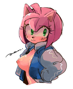 :3 antenna_hair anthro areola black_nose blush blush_lines breasts clothed clothing countershade_torso countershading eyelashes female glistening glistening_nose green_eyes hair jacket nipples open_clothing open_jacket open_topwear pink_body pointy_ears short_hair solo topwear m_ajcoco sega sonic_the_hedgehog_(series) amy_rose eulipotyphlan hedgehog mammal hi_res