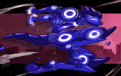 action_pose anthro biped blue_body blue_hair city claws digitigrade glowing glowing_eyes hair jumping machine male nude outside pose short_hair side_view solo toe_claws raccoondouglas canid canine canis mammal robot robot_anthro wolf 2026
