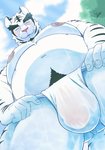 anthro asian_clothing belly bulge clothing east_asian_clothing eyes_closed fundoshi fur humanoid_hands japanese_clothing kemono male moobs navel nipples overweight overweight_anthro overweight_male solo underwear white_body white_fur u5rilla_ktzk felid mammal pantherine tiger 2021 hi_res