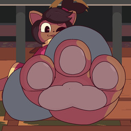 3_toes anthro black_hair brown_body brown_fur dominant dominant_young extreme_size_difference feet female foot_fetish foot_focus fur hair one_eye_closed paws sitting size_difference stuck_to_foot toes tongue tongue_out wink yellow_heart young dragotrashcan undertale_(series) undertale_yellow kanako_ketsukane canid canine fox mammal 1:1 hi_res
