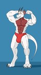 anthro blue_blush blush bulge clothed clothing digitigrade ear_fins fin footwear horn male muscular red_body red_clothing red_scales scales solo speedo swimwear tail topless topless_male vein veiny_muscles white_body white_scales g472y mythology isaac_hanson dragon mythological_creature mythological_scalie scalie hi_res