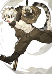 abs anthro bottomwear clothed clothing fangs felid fur fur_markings hair hi_res jacket male mammal markings milkytiger1145 muscular muscular_anthro muscular_male open_clothing open_jacket open_mouth open_topwear pantherine pants pecs simple_background solo tail teeth topwear white_body white_fur yellow_eyes