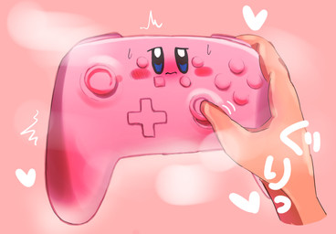 alternate_form ambiguous_gender blue_eyes blush blush_lines blush_stickers bodily_fluids carrying_another controller d-pad disembodied_hand duo embarrassed game_controller holding_another holding_controller holding_game_controller holding_object mostly_offscreen_human narrowed_eyes not_furry pink_background pink_body pov_hands simple_background size_difference solo_focus sweat sweatdrop tan_body tan_skin text tremble_spikes wavy_mouth what 0415sssss kirby_(series) nintendo nintendo_switch kirby animate_inanimate human mammal 2024 digital_drawing_(artwork) digital_media_(artwork) hi_res japanese_description japanese_text