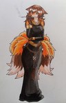 9_tails anthro black_body black_fur black_hair breasts clothing dress female fur hair head_fur multi_tail orange_body orange_fur red_eyes smoking solo tail white_body white_fur ideltasarc333 foxxi canid canine fox mammal absurd_res hi_res