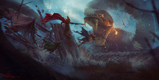 action_scene ambiguous_gender anthro cape clothing destruction fangs feral group holding_melee_weapon holding_object holding_sword holding_weapon lute male melee_weapon musical_instrument open_mouth outside plucked_string_instrument size_difference standing string_instrument sword teeth torch weapon hristo_chukov mouse_guard mammal mouse murid murine reptile rodent scalie snake 2018 concept_art hi_res