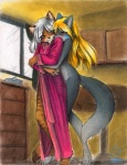 4_toes abluedeer anthro barefoot bathrobe blonde_hair blush canid canine canis claws clothing detailed_background duo feet felid female female/female green_eyes grey_hair hair hug inside jensca kimber kitchen kitwulfen love mammal markings nude robe romantic romantic_couple standing tail toes traditional_media_(artwork) wolf