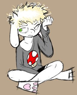 adolescent alternate_universe anthro black_clothing black_underwear blonde_hair bottomless clothed clothing collarbone eye_bags fangs green_eyes grey_clothing grey_shirt grey_topwear hair horn loose_shirt male no_shading one_eye_closed pawpads paws shirt simple_background sleepwear solo teeth topwear underwear young hopefulsparks undertaking_(hopefulsparks) undertale undertale_(series) asriel_dreemurr boss_monster_(undertale) bovid caprine goat humanoid mammal monster colored_sketch sketch