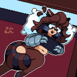 anthro bed eyelashes female furniture handheld_console happy lying lying_on_bed markings mechanical_arm navel nude nude_female on_bed pillow solo striped_markings striped_tail stripes tail tail_markings thick_thighs yulsbolts yulschapa_(yulsbolts) mammal procyonid raccoon 1:1 2026 digital_media_(artwork) hi_res pixel_(artwork) trans_(lore) trans_woman_(lore)
