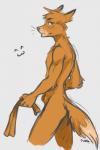 :3 anthro brown_body brown_fur butt fluffy fluffy_tail fur green_eyes grey_background holding_object looking_at_viewer male nude simple_background solo tail white_background danawolfin canid canine fox mammal 2:3 absurd_res hi_res