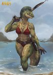 abs anthro belt bikini breasts clothing dagger female fin front_view glistening glistening_body green_body green_skin gun head_fin holding_gun holding_object holding_ranged_weapon holding_weapon long_tail medium_breasts melee_weapon muscular muscular_anthro muscular_female nipple_outline non-mammal_breasts partially_submerged ranged_weapon shark_tooth_necklace sheathed_weapon solo spear_gun standing_in_water swimwear tail thick_tail thick_thighs two-piece_swimsuit weapon wet wide_hips nawka anna_(user_55) eel fish marine 2025 hi_res