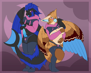 anthro beak blush breasts clothed clothing cropped_hoodie duo erection feathered_wings feathers female fur genitals hair hoodie legwear looking_at_another male panties penis simple_background smile tail thigh_highs tongue topwear underwear wings chaoticmazzy meme_clothing mythology paggi_outfit mazzy_techna avian bird dragon gryphon mythological_avian mythological_creature mythological_scalie scalie 2024 digital_media_(artwork) hi_res meme