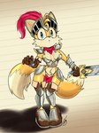 anthro armor blue_eyes blush bottomwear breasts clothing crossgender female gauntlets gloves greaves handwear loincloth melee_weapon multi_tail solo sword tail unconvincing_armor weapon barely_sly sega sonic_and_the_black_knight sonic_storybook_series sonic_the_hedgehog_(series) miles_prower canid canine fox mammal 2024 3:4 hi_res signature