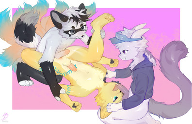 2_horns 4_fingers 4_toes ankle_grab anthro anthro_on_anthro anus arm_markings balls black_body black_fur black_hair black_nose black_pawpads blonde_hair blue_eyes blue_markings blue_visor_cap bottomless chest_tuft claws clothed clothing dipstick_tail erection facial_markings facial_tuft feet finger_claws fingerless_(marking) fingers fluffy fluffy_tail foot_tuft foreskin fur genitals glistening glistening_body glistening_genitalia glistening_penis grey_eyes grey_penis grin group group_sex hair head_markings hoodie hoodie_only horn humanoid_genitalia humanoid_penis imminent_sex kneeling leg_grab leg_markings legs_up lying male male/male markings mask_(marking) multi_tail nude nude_female nude_male on_back pawpads penis pink_anus pink_background ponytail purple_eyes red_penis sex simple_background smile tail tail_markings tapering_penis threesome toe_claws toeless_(marking) toes topwear topwear_only trio tuft white_background white_body white_fur white_hair white_horn y_anus young young_on_young fur_alasky felid mammal procyonid raccoon 2025 absurd_res hi_res signature