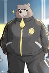 anthro black_clothing blush brown_body brown_fur clothing cosplay eyewear fur male overweight solo sunglasses tracksuit kt0414143919 mihoyo odd_taxi zenless_zone_zero ben_bigger bear mammal hi_res