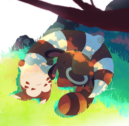 ambiguous_gender brown_body brown_fur curled_up daww duo eyes_closed facial_markings feral fur grass head_markings kemono lying lying_on_grass markings on_back on_grass on_ground open_mouth outside paws plant rock sleeping tail tan_body tan_fur tree tatsuki nintendo pokemon furret generation_2_pokemon pokemon_(species) sentret 2026 absurd_res digital_media_(artwork) hi_res shaded signature