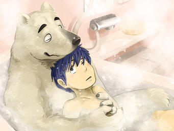 anthro bath bathroom bathtub biped black_nose blue_hair claws cuddling duo fur hair hand_on_chest hug hugging_another hugging_from_behind human_on_anthro inside interspecies looking_at_another male male/male nude one_eye_closed romantic romantic_couple sitting snout steam three-quarter_view white_body white_fur white_skin kotori bear human mammal polar_bear ursine 2017 4:3 digital_media_(artwork) shaded