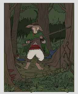 anthro barefoot brown_eyes clothing digitigrade feet forest forest_background fur grey_body grey_fur holding_musket male military military_uniform nature nature_background plant scared solo tree uniform garbagegarage lagomorph leporid mammal rabbit hi_res