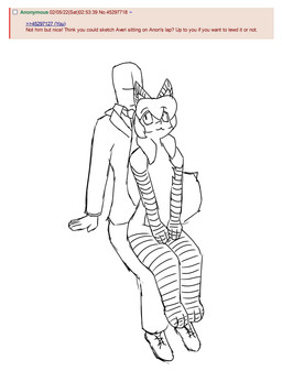 anthro clothing duo female female_anthro fur gloves_(marking) hair leg_markings looking_at_another male male/female markings on_lap sitting sitting_on_lap socks_(marking) text aigsaft conditional_dnp 4chan anon averi_(fiddleafox) canid canine fox human mammal red_fox true_fox english_text hi_res monochrome