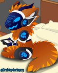 anthro bed bedroom chibi furniture machine male protogen_visor smile solo dreiden dreiden_dorian protogen absurd_res hi_res