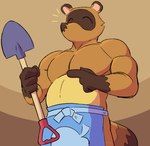 anthro apron apron_only belly biceps blue_apron blue_clothing brown_body brown_fur clothed clothing eyes_closed facial_markings fur gesture hand_gesture head_markings holding_object male markings mask_(marking) musclegut muscular muscular_anthro muscular_male pecs pointing shovel simple_background solo tail tools topless topless_anthro topless_male cosmicboy02 animal_crossing nintendo tom_nook_(animal_crossing) canid canine mammal raccoon_dog tanuki 2023 digital_media_(artwork) hi_res signature