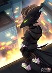 anthro beak black_body black_bottomwear black_clothing black_feathers black_hair black_hoodie black_shorts black_topwear bottomwear building city cityscape clothed clothing empty_eyes feathers fingers footwear fully_clothed glowing glowing_eyes green_eyes hair high-angle_view hoodie male narrowed_eyes outside rear_view shadow shoes shorts skyscraper sneakers solo standing streetwear tail tail_feathers three-quarter_view topwear urban white_clothing white_footwear white_shoes white_sneakers phosphoruscrow nike ryze_(phosphoruscrow) avian bird corvid corvus_(genus) crow oscine passerine 2023 absurd_res digital_media_(artwork) full-length_portrait hi_res portrait shaded signature