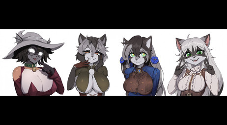 5_fingers anthro biped breasts claws clothed clothed_anthro clothed_female clothing collar eyewear female finger_claws fingers fur glasses group hair looking_at_viewer open_mouth open_smile simple_background smile teeth tongue yorzis aquatic fish mammal procyonid raccoon shark 2026 digital_drawing_(artwork) digital_media_(artwork) hi_res