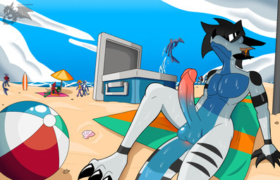 anthro ball balls beach beach_ball blue_body breasts clothing cloud day ear_piercing ear_ring erection eyewear female genitals group horn humanoid_genitalia humanoid_penis inflatable male male/female male_focus markings multi_genitalia multi_penis nude nude_beach on_bottom on_top outside penis piercing public public_nudity public_sex reverse_cowgirl_position ring_piercing sex shell sky solo spots spotted_body sunglasses tail vulva white_body phunter15 mythology phunter avian bird dragon fish marine mythological_creature mythological_scalie reptile scalie shark hi_res