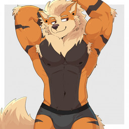 anthro armpit_hair biceps body_hair bulge clothed clothing ear_piercing front_view hand_behind_head looking_away male muscular muscular_male navel nipples pecs piercing smile solo tail underwear underwear_only bezzeroo nintendo pokemon arcanine generation_1_pokemon pokemon_(species) cel_shading colored digital_drawing_(artwork) digital_media_(artwork) hi_res shaded