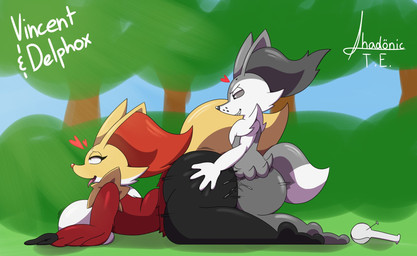 ahegao alternate_color anthro big_breasts big_butt black_eyes bodily_fluids bong breast_squish breasts butt butt_grab drugs duo eyelashes female freckles from_behind_position fur genital_fluids grey_body grey_fur grey_sclera hand_on_butt heart_symbol huge_butt kneeling looking_pleasured lying male male/female motion_lines nature nature_background on_front outside plant precum precum_splatter precum_spurt red_body red_eyes red_fur sex sharp_teeth shrub smile squish teeth thrust_lines tree yellow_body yellow_fur shadonictheedge vwallacebrother nintendo pokemon fan_character vincent_(vwallacebrother) braixen delphox generation_6_pokemon pokemon_(species) hi_res signature