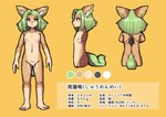 anthro barefoot breasts cybernetics feet female flat_chested front_view genitals green_eyes green_hair green_nipples hair machine nipples nude pussy rear_view small_breasts solo standing komenuka_inaho renmei_(komenuka_inhaho) canid mammal hi_res model_sheet