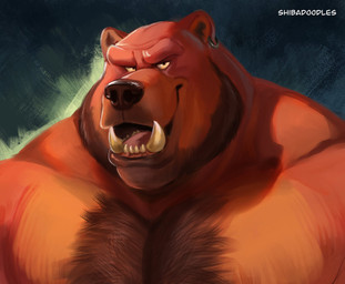 anthro body_hair chest_hair ear_piercing fangs fur male muscular muscular_male open_mouth pecs piercing red_body red_fur sharp_teeth solo teeth shibadoodles bear hybrid mammal orc