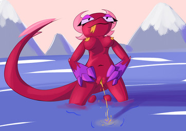 anthro bodily_fluids eyelashes female genital_fluids genitals horn navel nipples peeing peeing_outside red_body red_scales relaxed_expression relaxing scales sea solo spread_legs spread_vulva spreading tail tongue tongue_out urine vulva water watersports tofuthelizard demon hi_res