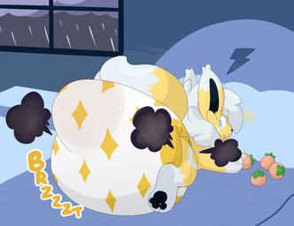 bed big_diaper clothed clothing diaper fart fart_cloud feces feral fur furniture huge_diaper lying male paws pooping soiled_diaper soiling soiling_diaper solo tail unclean_diaper used_diaper using_diaper wearing_diaper eeveeatheart nintendo pokemon ampe_(lewdifiedampe) angel eeveelution generation_1_pokemon jolteon pokemon_(species)