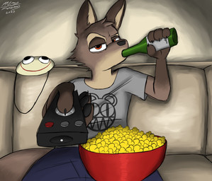 anthro beer_bottle blue_bottomwear blue_clothing blue_pants bottle bottomwear brown_body brown_fur clothing container controller countershading food fur furniture grey_clothing grey_shirt grey_topwear male mask pants popcorn red_eyes remote_control shirt sofa solo tail topwear a9ymus radiohead sipping_beer_on_a_couch_stock_image foxymus_(a9ymus) canid canine fox mammal 2025 absurd_res digital_media_(artwork) hi_res meme shaded