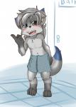 adolescent anthro biped blush hair heterochromia male open_mouth shower_room solo standing towel young young_anthro young_male makoruu maverick_skye canid canine mammal hi_res