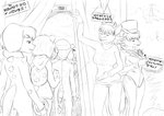 2020 ambiguous_gender anthro breasts canid canine clothed clothing costume emily_(yellow07) english_text female fox fur group halloween holidays jack-o'-lantern mammal monochrome selva shrunken_city sketch text xtreme7 young young_anthro