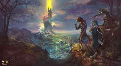 anthro armor castle clothed clothing fully_clothed fur grass group hair melee_weapon plant ponytail scroll sea standing striped_body striped_fur striped_skin stripes sword tree water weapon tatiilange aquatic canid canine canis felid fish mammal pantherine shark tiger wolf