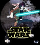 anthro belt black_hair blaster_pistol blue_eyes blue_lightsaber clothed clothing cosplay death_star emo_haircut femboy fur hair jedi lightsaber long_ears looking_at_viewer male melee_weapon solo weapon white_body white_fur rous_fox_(artist) star_wars vield_nevellinya lagomorph leporid mammal rabbit absurd_res hi_res