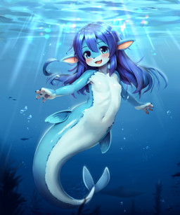 4_fingers anthro barely_visible_nipples blue_body blue_eyes blue_hair blush breasts bubble detailed_background fangs featureless_breasts female fin fingers fish_tail hair kemono light light_beam long_hair looking_at_viewer navel nipples nude nude_anthro nude_female open_mouth open_smile sea seaweed smile solo split_form swimming teeth underwater water young young_anthro young_female sinelesh ambient_fish ambient_sealife aquatic merfolk blue_theme hi_res