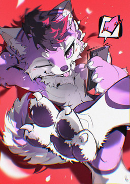 4_fingers 4_toes anthro biped blep blush blush_lines cellphone claws closed_smile countershade_face countershade_fur countershade_neck countershade_tail countershade_torso countershading crossed_legs digitigrade electronics feet fingers foreshortening front_view fur hair hand_behind_own_back heart_symbol holding_cellphone holding_object holding_phone holding_smartphone inner_ear_fluff looking_at_viewer lying male motion_lines mouth_closed multicolored_eyes neck_tuft nude nude_anthro nude_male on_back one_eye_closed pawpads phone pink_body pink_eyes pink_fur pink_inner_ear pink_tongue pupils purple_eyes purple_hair purple_pawpads red_background red_hair simple_background smartphone smile smiling_at_viewer snout solo tail toe_claws toes tongue tongue_out tuft white_body white_claws white_countershading white_fur white_inner_ear_fluff white_sclera wink winking_at_viewer chiayeeee felid mammal 2026 chromatic_aberration digital_drawing_(artwork) digital_media_(artwork) hi_res portrait signature three-quarter_portrait