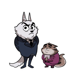 anthro black_nose bottomwear chibi clothing duo eyes_closed male necktie pants shirt simple_background slightly_chubby topwear white_background dududud_duu illumination_entertainment sing_(movie) jerry_(sing) jimmy_crystal canid canine canis domestic_cat felid feline felis mammal wolf 2022