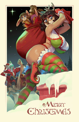 anthro biped blue_eyes breasts brown_body cleavage clothed clothing detailed_background eyelashes female fingers green_body group multicolored_body plant side_view text tree white_body bonifasko deer mammal hi_res