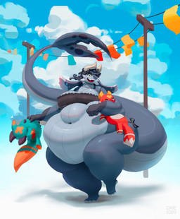 3_toes anthro belly belly_overhang big_belly big_breasts bikini black_clothing black_swimwear blue_body blue_skin breasts cheek_tuft clothing cloud countershading facial_tuft feet female female_anthro fin floppy_ears grey_body grey_countershading huge_belly long_tail obese obese_anthro obese_female overweight overweight_anthro overweight_female plushie side-tie_bikini solo string_bikini swimwear tail tail_fin thick_thighs toes tuft two-piece_swimsuit miluinaoxie mythology komi_(fatty-sashimi) aquatic cetacean dragon hybrid mammal mythological_creature mythological_scalie scalie whale 2023 colored digital_media_(artwork) digital_painting_(artwork) hi_res painting_(artwork)
