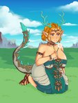 antlers big_breasts blonde_hair breasts clothing female glistening glistening_body hair horn humanoid_pointy_ears kneeling pointy_ears simple_background solo tail holoeclvpse breath_of_the_wild mythology nintendo the_legend_of_zelda princess_zelda dragon humanoid mythological_creature mythological_scalie scalie 3:4 hi_res