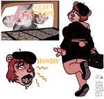 anthro bangs beret bodily_fluids clothing drooling fangs female freckles glowing glowing_eyes hair hat headgear headwear hungry pastries pawpads purse red_hair saliva solo teeth blarf022 sherry_bear_(blarf022) bear mammal 2022 absurd_res hi_res