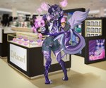 anthro bag bottomwear breasts butt clothing collar digitigrade ear_piercing ear_ring eyewear female glasses goo_transformation hair inflatable inside open_mouth piercing pooltoy_transformation purple_body purple_eyes purple_hair ring_piercing round_glasses shorts solo standing store surprised tail text transformation dascarl animate_inanimate canid canine canis domestic_dog living_inflatable mammal 2024 digital_media_(artwork) english_text hi_res