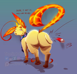 big_butt blue_eyes butt butt_jiggle butt_slap dialogue female feral frown frowning_at_viewer gradient_background jiggling pokeball quadruped questioning_look rear_view ring scarf simple_background slap solo speed_lines thick_thighs throwing throwing_object wide_hips conditional_dnp thelightsmen nintendo pokemon fan_character canid canine eeveelution generation_4_pokemon leafeon mammal pokemon_(species) hi_res