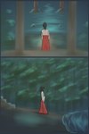 brown_hair clothed clothing female forest forest_background hair nature nature_background night plant shrine shrine_maiden solo tree water wave peregr1ne ghibli spirited_away chihiro_ogino human mammal 2:3 comic hi_res