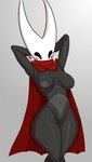 2_horns areola biped black_body black_eyes breasts cloak clothing featureless_crotch female hands_behind_head horn navel nipples pose red_cloak red_clothing solo standing thick_thighs white_head fhugin hollow_knight team_cherry hornet_(hollow_knight) arthropod 2025 absurd_res hi_res pinup